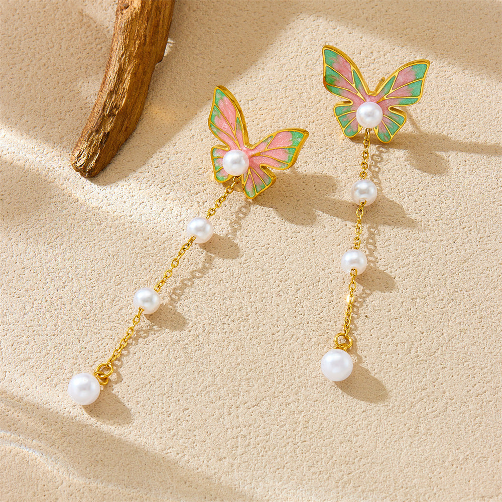 Sweet and Cute Butterfly-Shaped Stainless Steel Earrings with Pearl Dangle, Gradient Enamel Finish, and Polished Surface