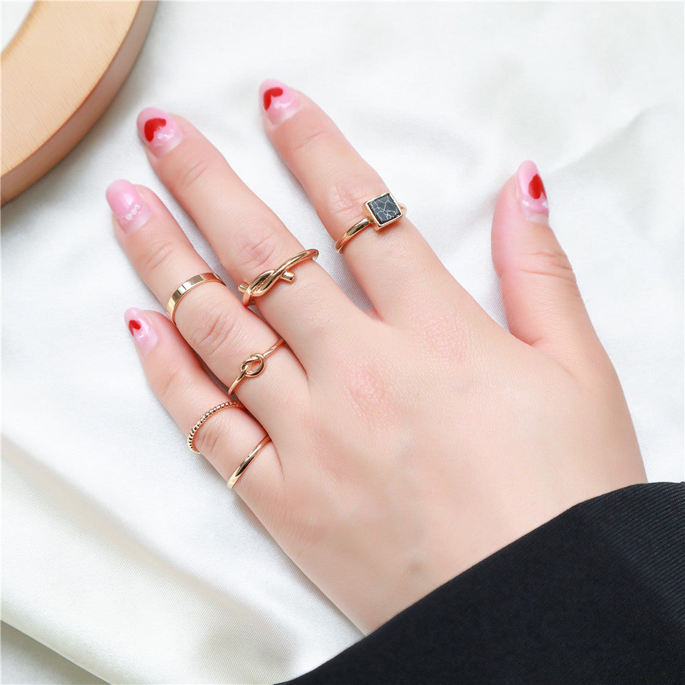 Sweet Geometric Round Turquoise Inlay Plated Alloy 6-Piece Open Ring Set for Women