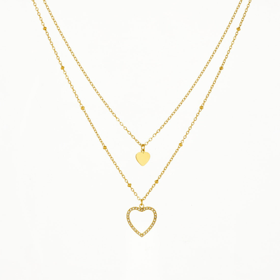 Gold Plated Stainless Steel Heart Rhinestone Inlay Hollow Pendant Layered Necklace for Women