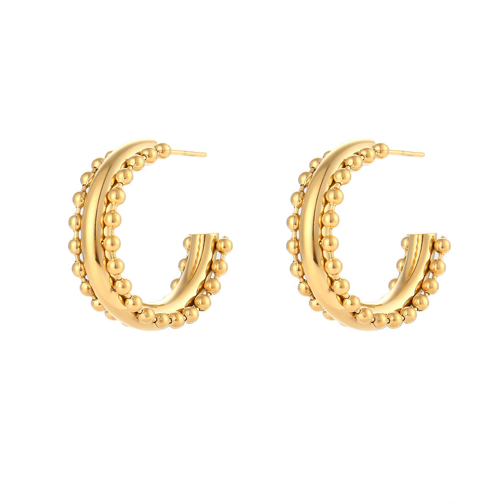 Orecchini a cerchio da donna in acciaio inossidabile placcati oro 18 carati stile bohémien con design geometrico di perline e pizzo