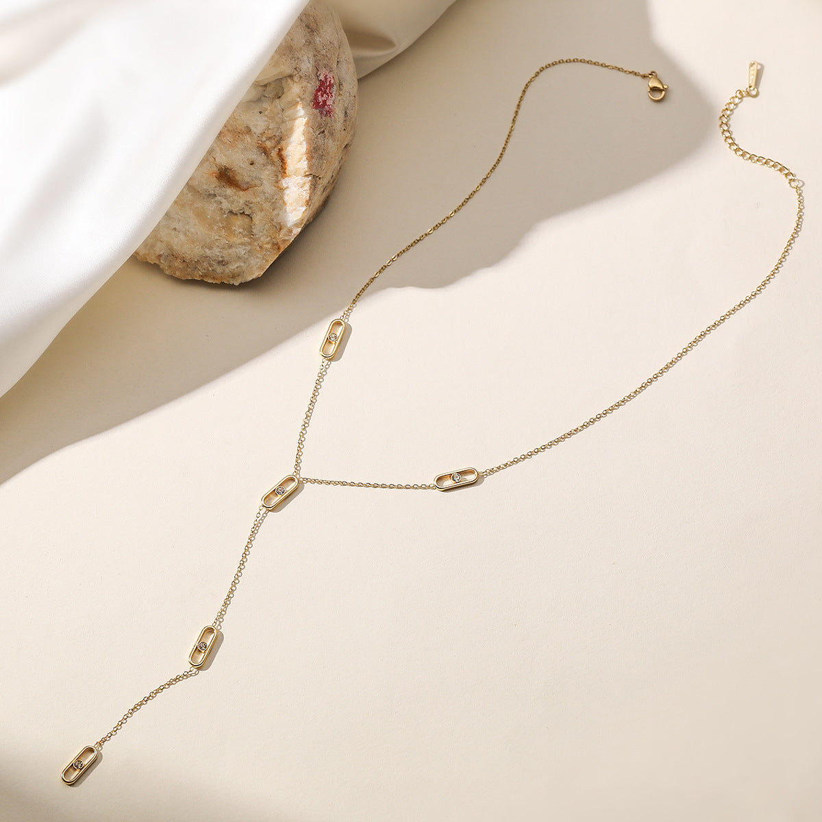 Elegant Minimalist Geometric Stainless Steel Gold Plated Cubic Zirconia Inlay Tassel Necklace for Women