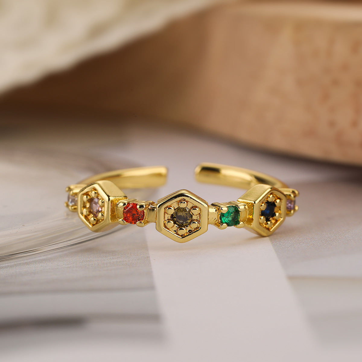 Minimalist Geometric Adjustable Copper Ring with Micro-Pavé Zirconia for Women