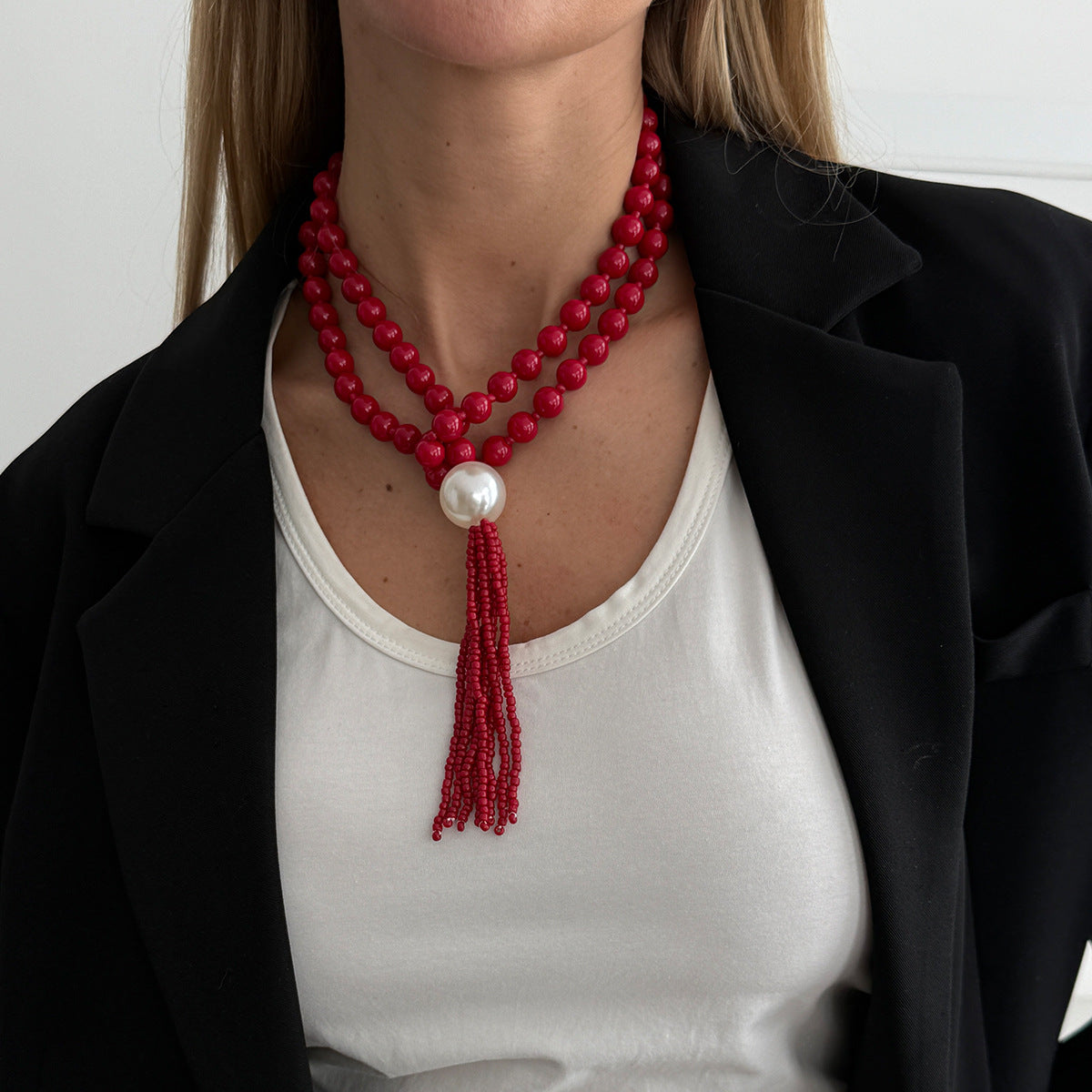 Luxury Elegant Geometric Round Acrylic Beaded Tassel Layered Necklace for Women