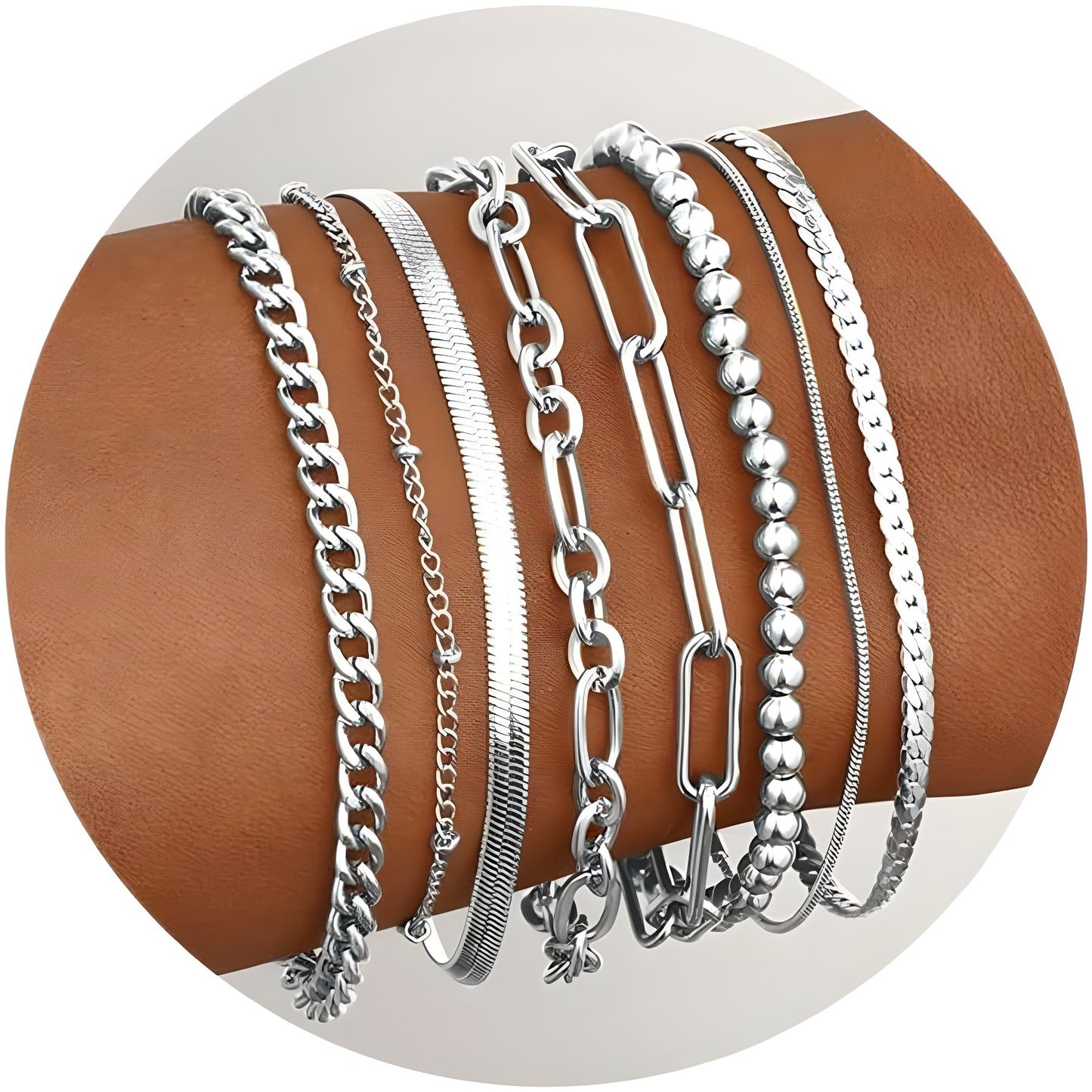 Bohemian Minimalist Geometric Plated Alloy Cuban Link Chain Pearl Bracelet Set for Women