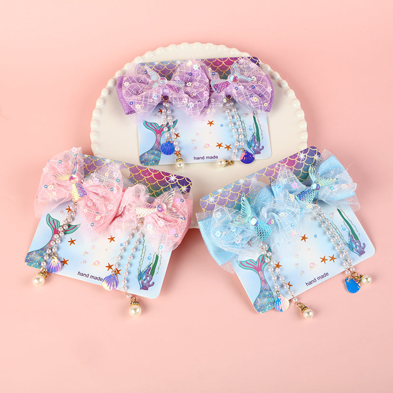 Fermaglio per Capelli a Fiocco Dolce per Bambini con Dettagli in Perle e Nappine in Tessuto, Stile Principessa Sirena