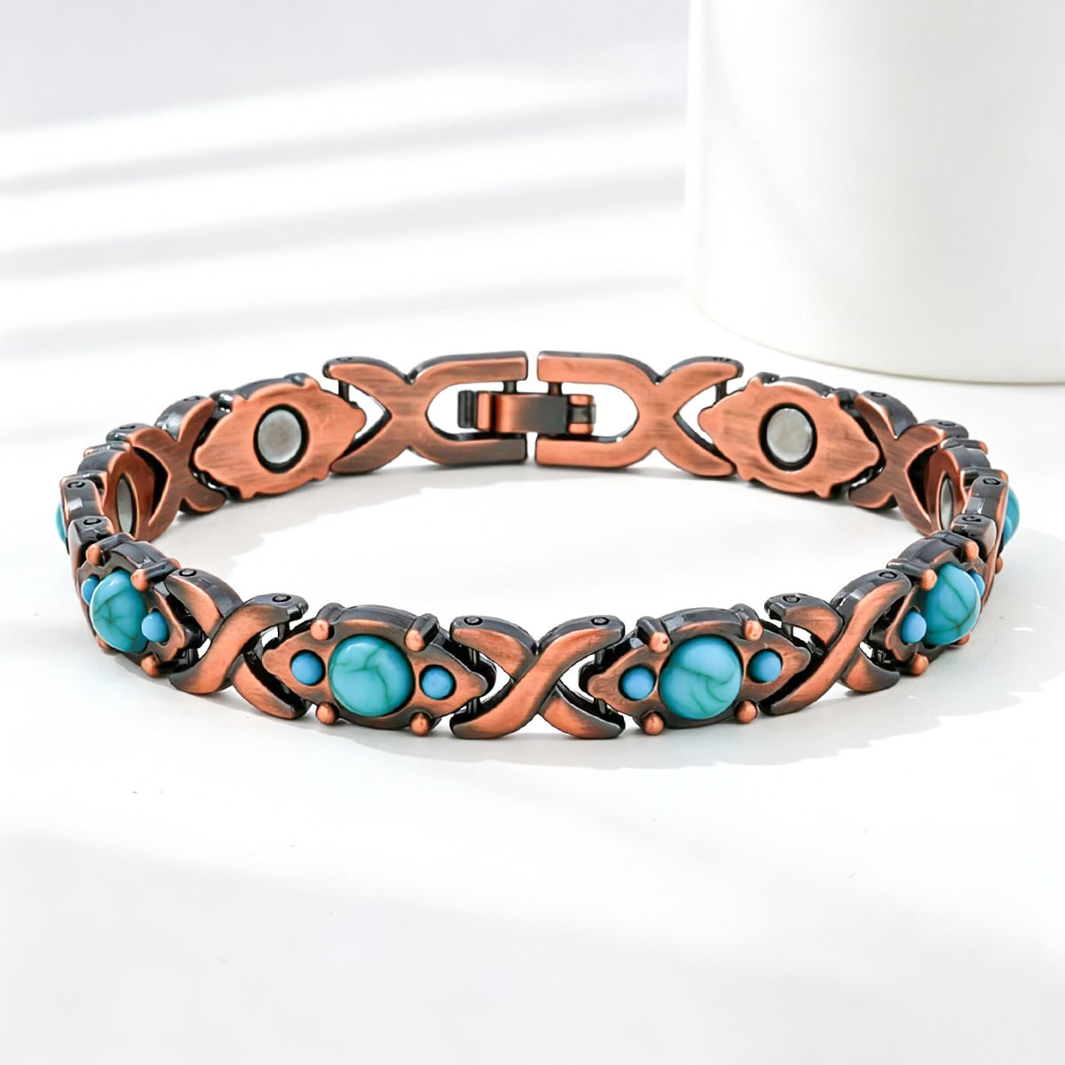 Vintage Brushed Zinc Alloy Heart Geometric Turquoise Magnetic Bracelet Unisex