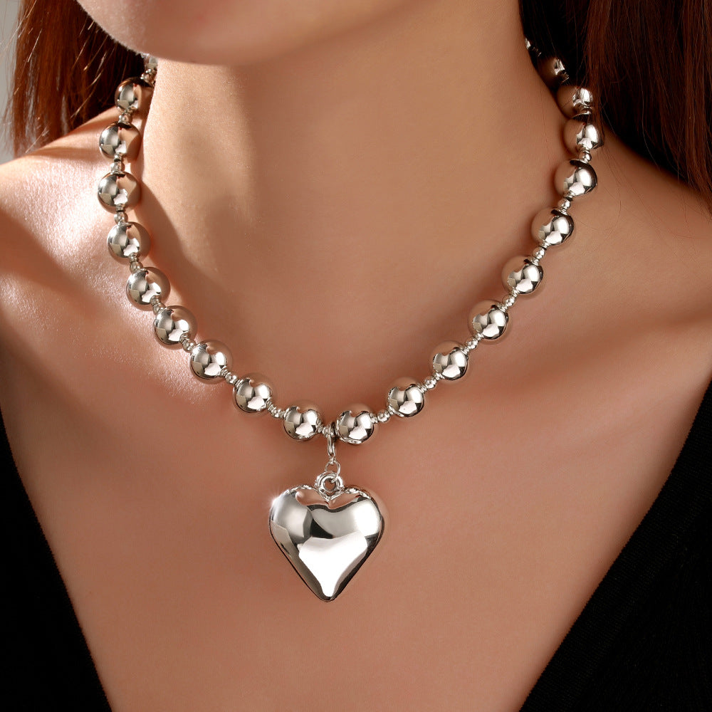 Irregular Geometric Heart Pendant Alloy Beaded Cable Chain Necklace