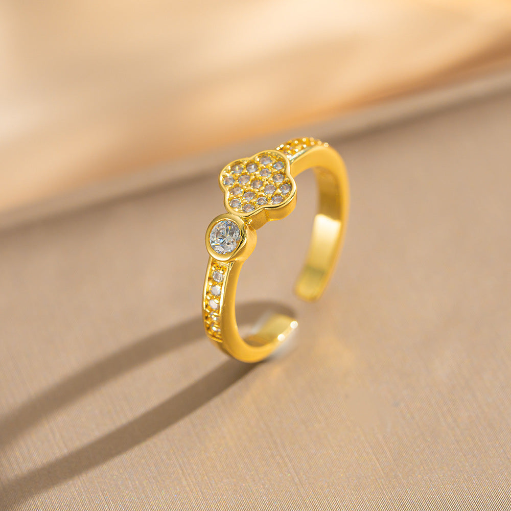 Luxury Minimalist Adjustable Open Ring for Women with Gold-Plated Copper Band and Zircon Stone Accent in Heart and Floral Shape