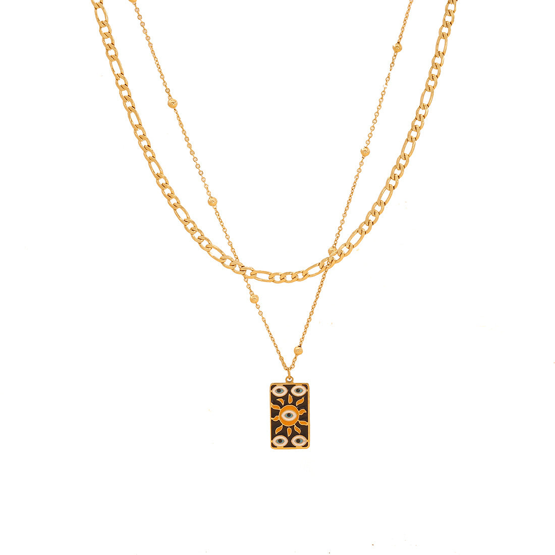 Minimalist Star and Moon Necklace with Enamel Eyes, Stainless Steel Double Layer O-Chain for Women