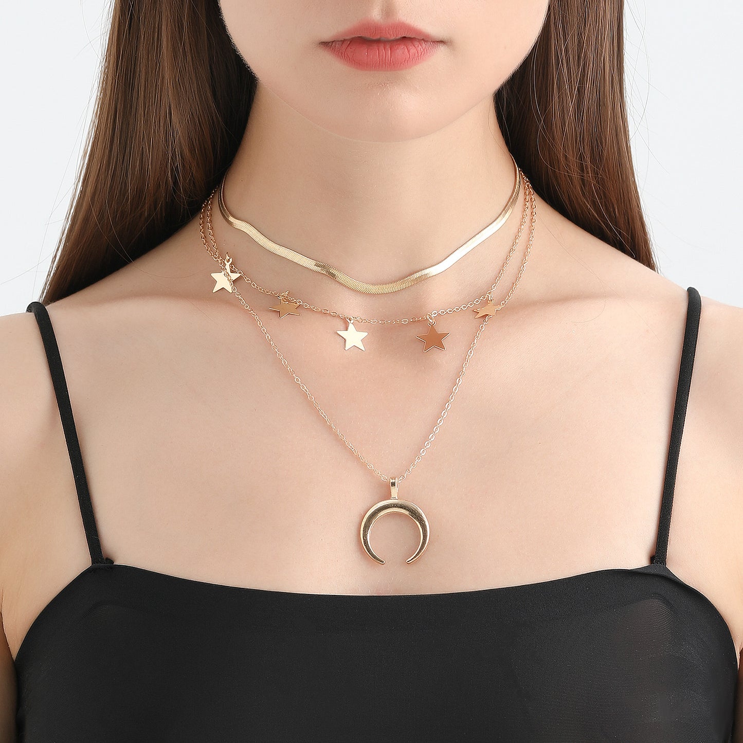 Punk Style Star and Crescent Moon Pendant Necklace with Tassels for Women Alloy Plated Clavicle Chain