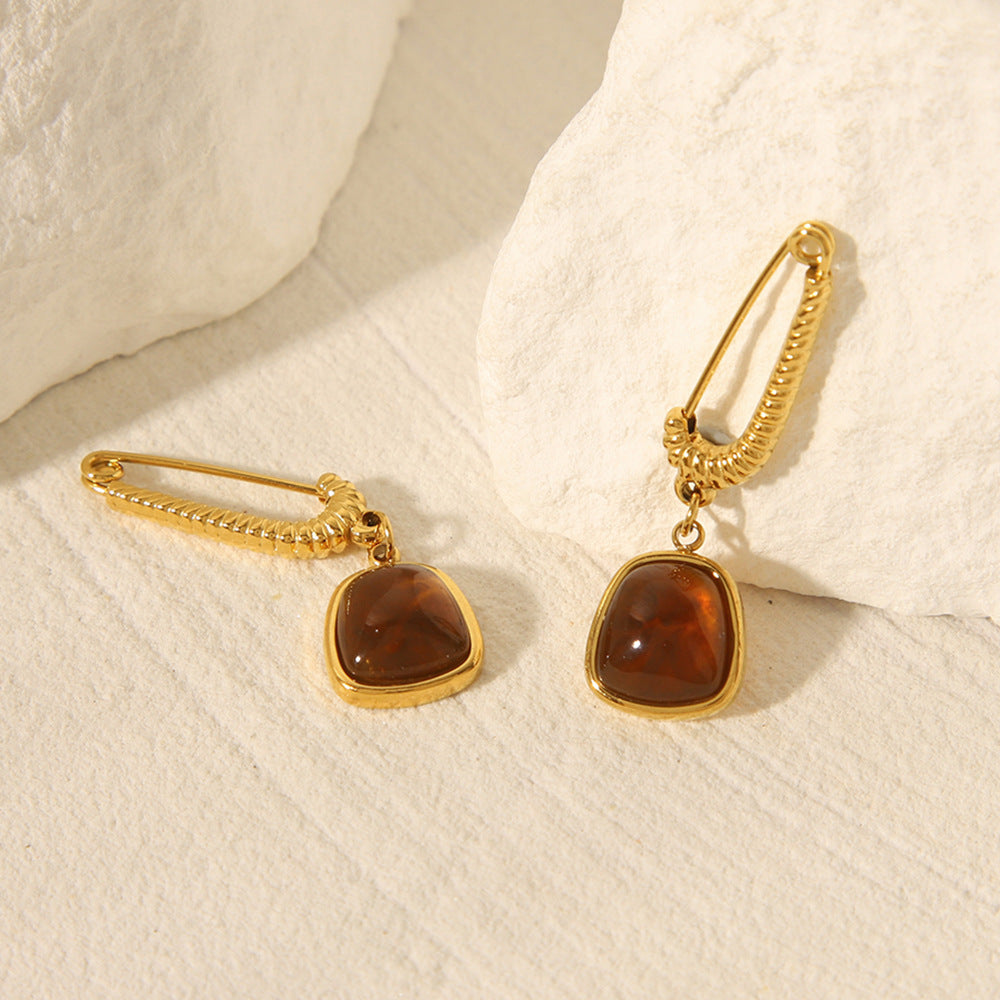 Vintage French Style Geometric Natural Stone Earrings 18K Gold Plated Stainless Steel for Women