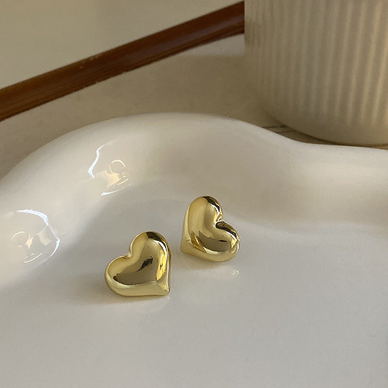Orecchini da Donna a Cerchio Geometrico in Metallo e a Perno a Cuore, Stile Vintage con Finitura Placcata
