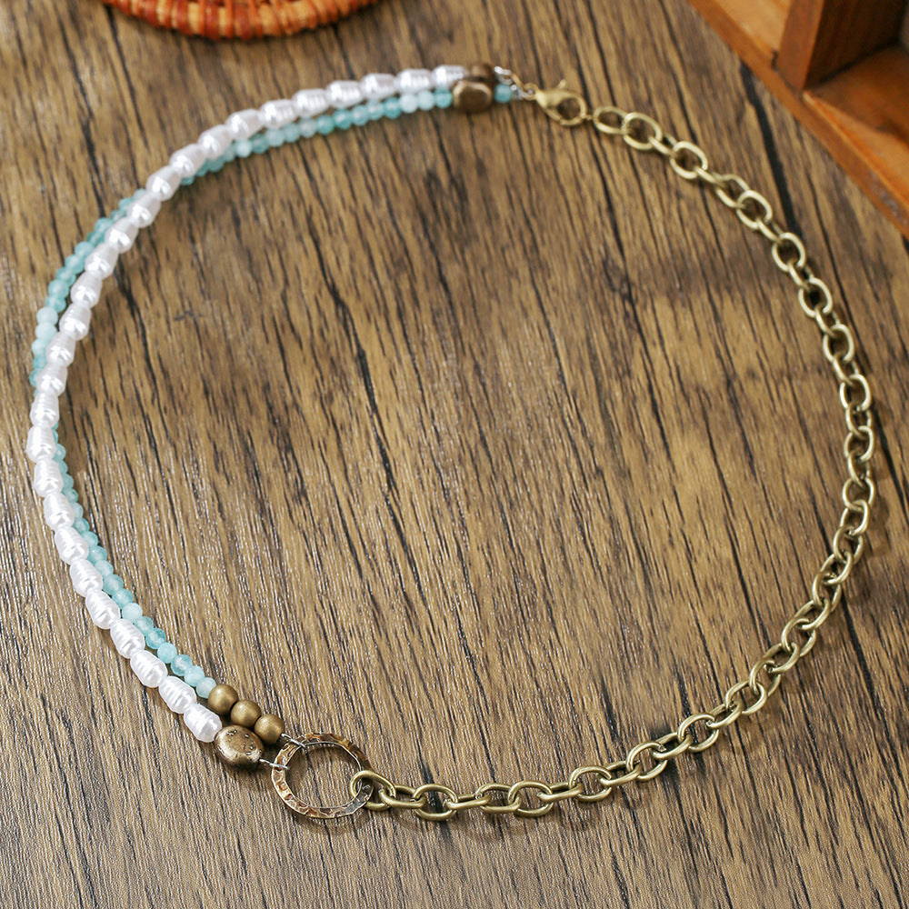 Retro Beach Vacation Style Geometric Pendant Necklace with Imitation Pearl and Glass Beads on Electroplated Alloy O-Chain for Women and Men