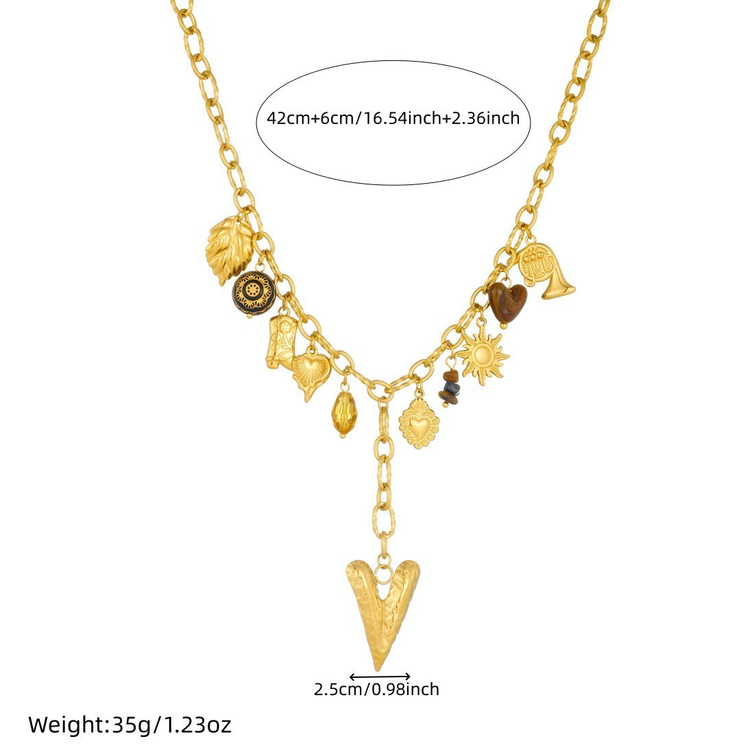 Vintage Gold Plated Heart Stainless Steel Pendant Necklace with Tassel for Women
