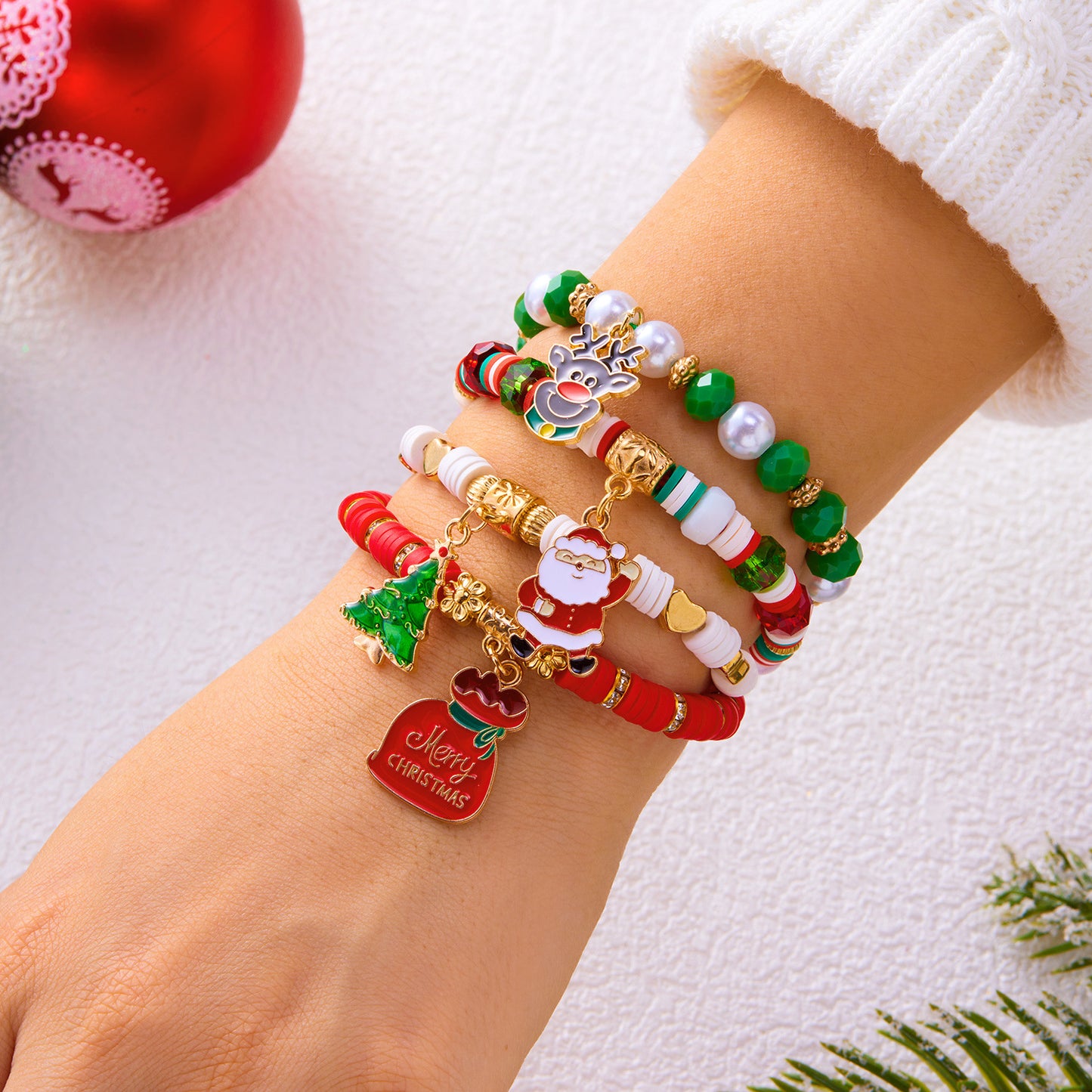 Christmas-Themed Handcrafted Alloy Bracelet Set with Santa Elk Bell Crystal Pearl Adjustable Braided Design for Unisex Wear