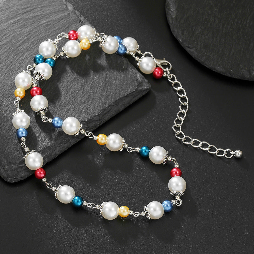 Hip-hop Colorful Imitation Pearl Geometric Ball Chain Necklace Unisex Multi-layer Plated