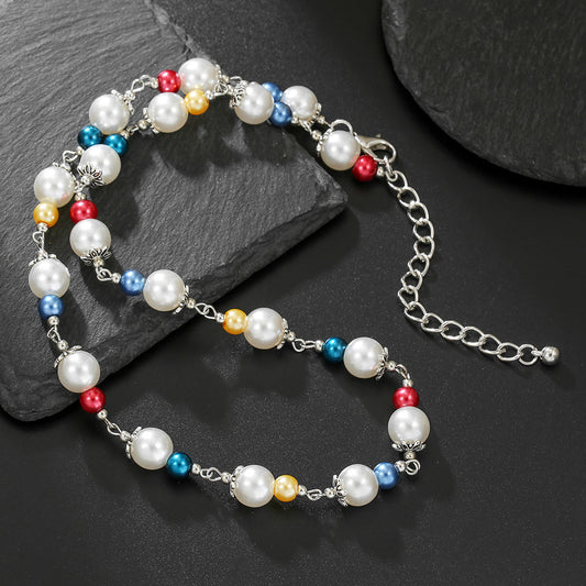 Hip-hop Colorful Imitation Pearl Geometric Ball Chain Necklace Unisex Multi-layer Plated