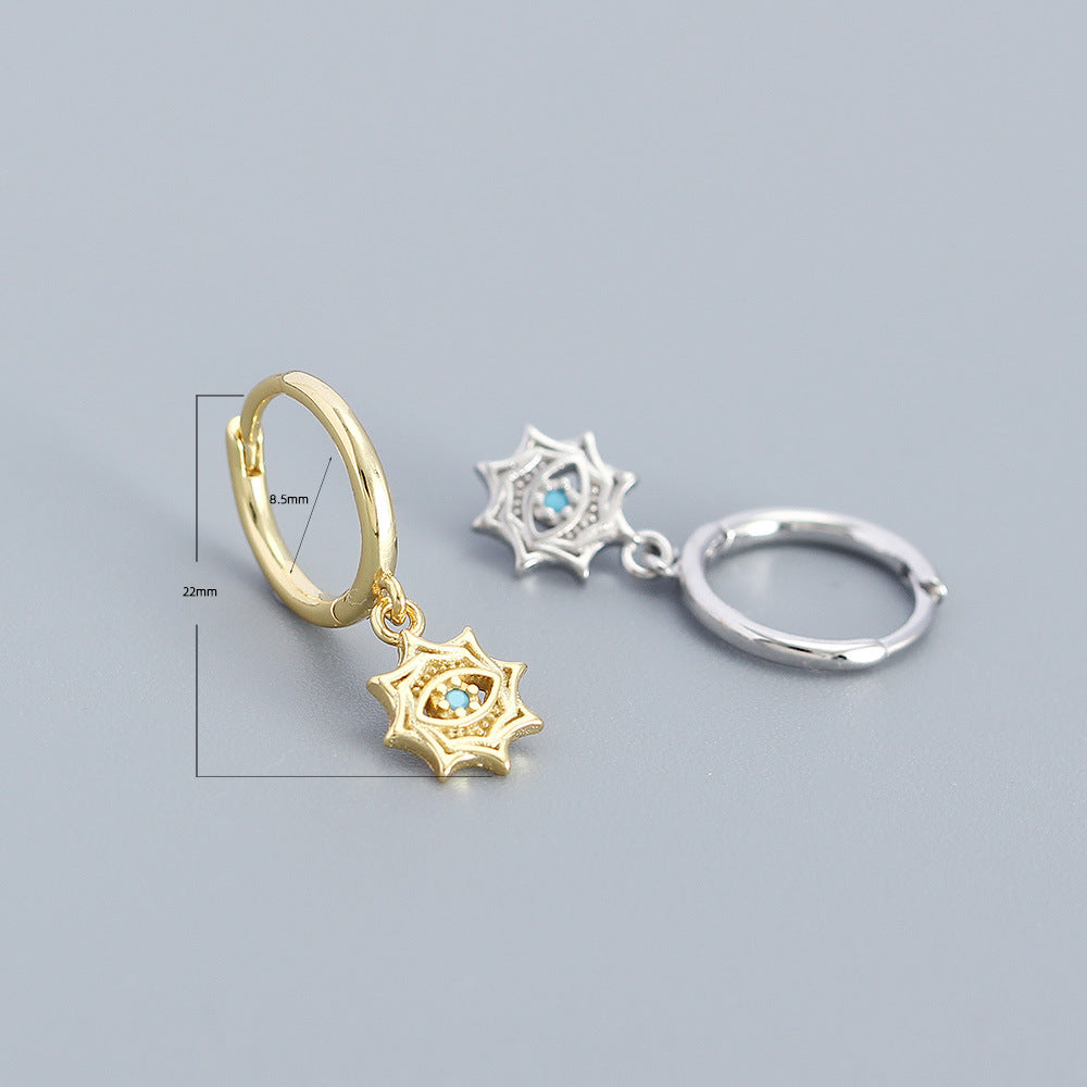 Orecchini a cerchio minimalisti unisex in argento sterling 925 con design geometrico a stella, occhio turco e zirconi cubici placcati