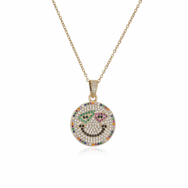Hip-hop Punk Geometric Micro-inlay Cubic Zirconia 18K Gold Plated Brass Smile Face Necklace Box Chain