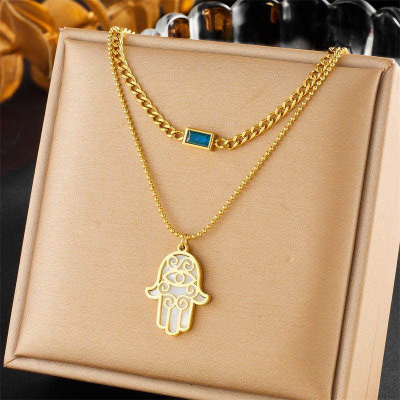 Collana Pendente Mano e Occhio in Acciaio Inossidabile Placcato Oro Doppio Strato Vintage