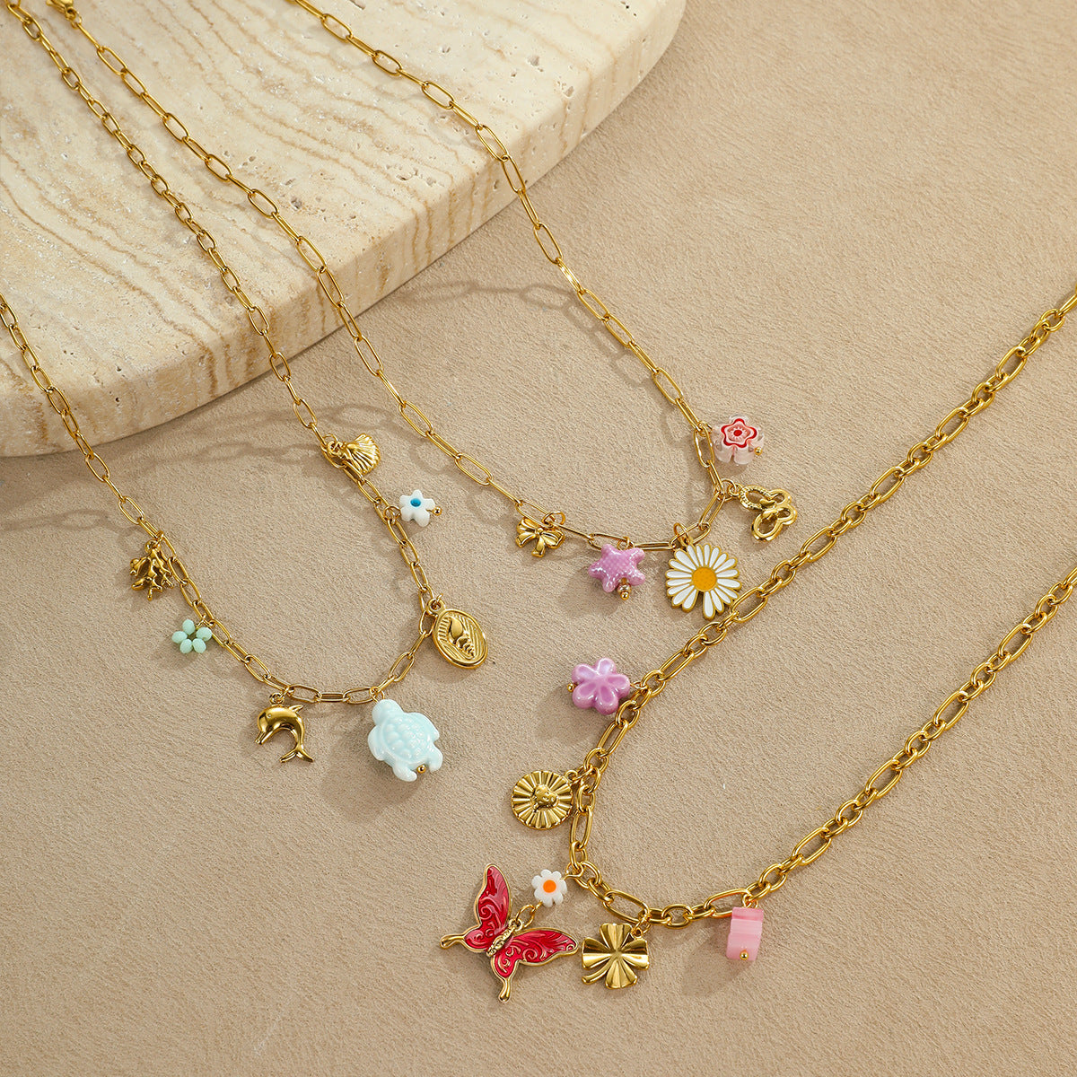Fashionable Daisy Butterfly Pendant Necklace in Stainless Steel with Plated Finish for Women