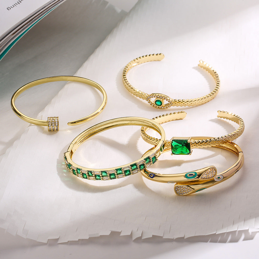 Minimalist Geometric Open Bangle Bracelet for Women Made of Brass with Real Gold Plating and Micro-Pave Setting