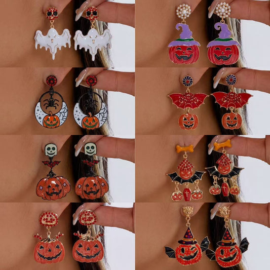 Vintage Drip Oil Plated Alloy Cartoon Halloween Ghost Pumpkin Earrings for Women