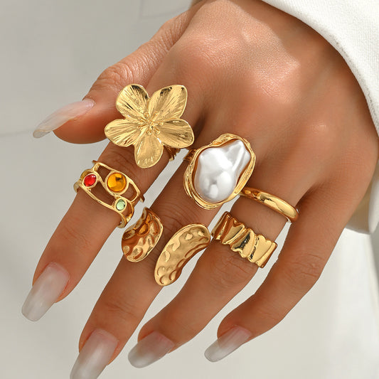 Juego de anillos abiertos de aleación de zinc con diseño floral geométrico minimalista para mujer con detalles de microperlas