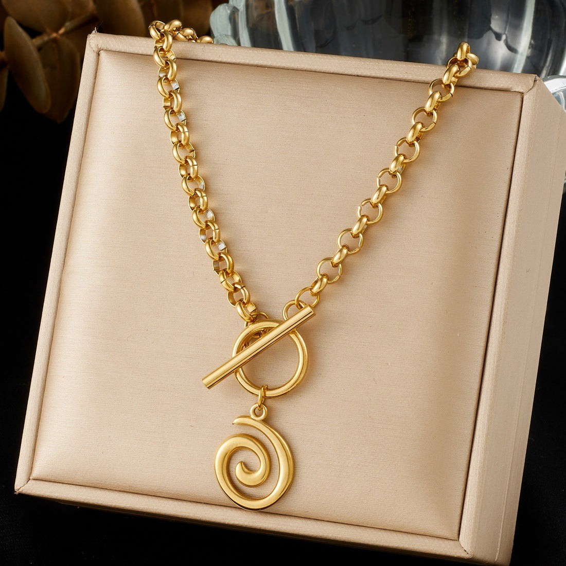 Punk Hip-hop Vintage Gold Plated Stainless Steel Geometric Spiral Ring Pendant Necklace with OT Clasp and Cable Chain