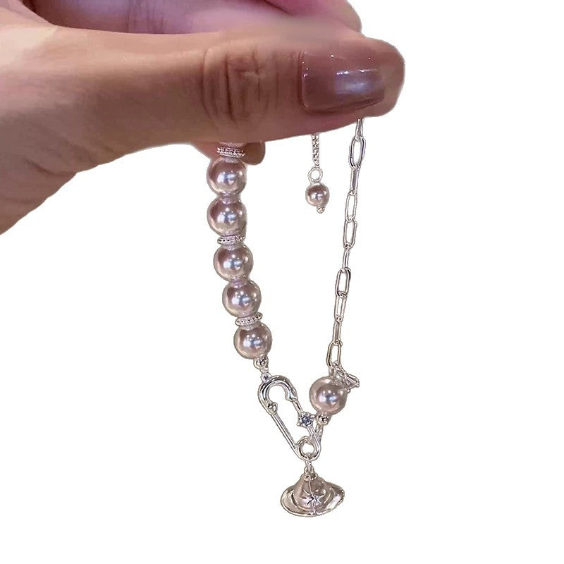 Elegante bracciale vintage francese Saturno da donna con perline in rame placcato, design a stella geometrico, gioielli a mano di lusso minimalista