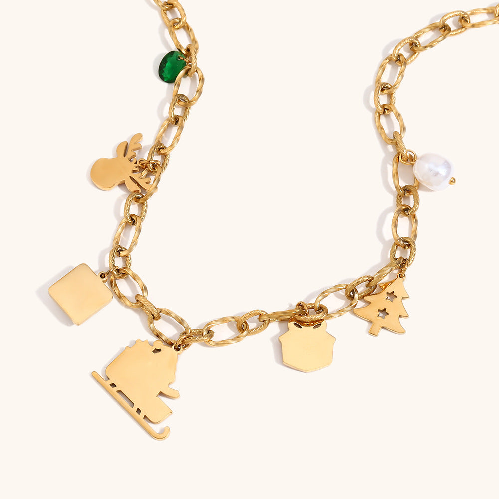Collar de trineo de Navidad de moda con colgante de reno en acero inoxidable con baño de oro de 18K para mujer