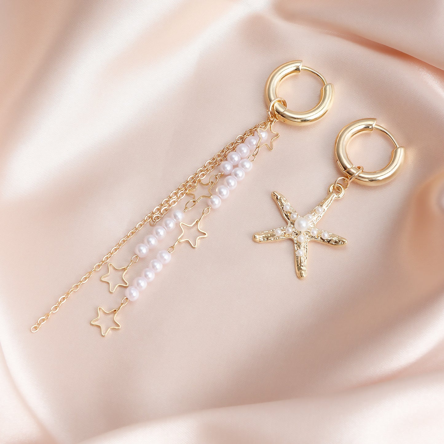 Summer Beach Vacation Style Starfish Tassel Asymmetrical Hoop Earrings for Women with Metal Base and Plated Finish