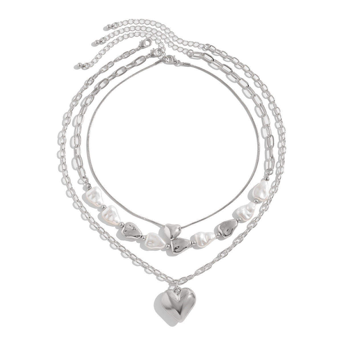 Minimalist Fashion Heart-Shaped Pendant Necklace with Tassel Accents, Plated Copper and Iron Chain, Imitation Pearl Accent, Women's Layered Neckwear