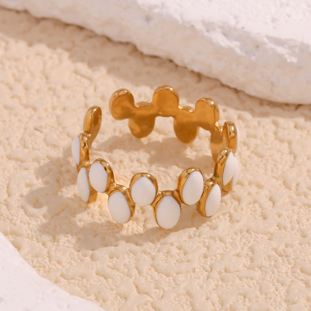 Minimalist Geometric Stainless Steel Ring with 18K Gold Plating and White Enamel Finish for Women