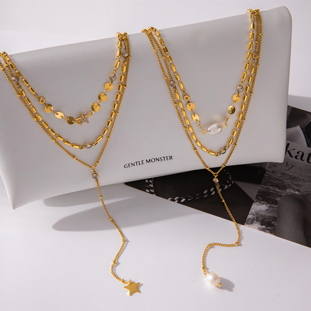 Collana a Y da donna in acciaio inossidabile con pendente a stella geometrico minimalista, ciondolo in titanio e finitura galvanizzata