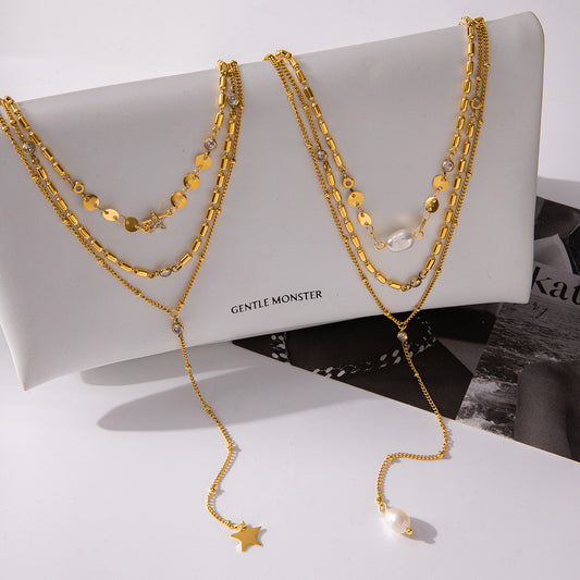 Collana a Y da donna in acciaio inossidabile con pendente a stella geometrico minimalista, ciondolo in titanio e finitura galvanizzata