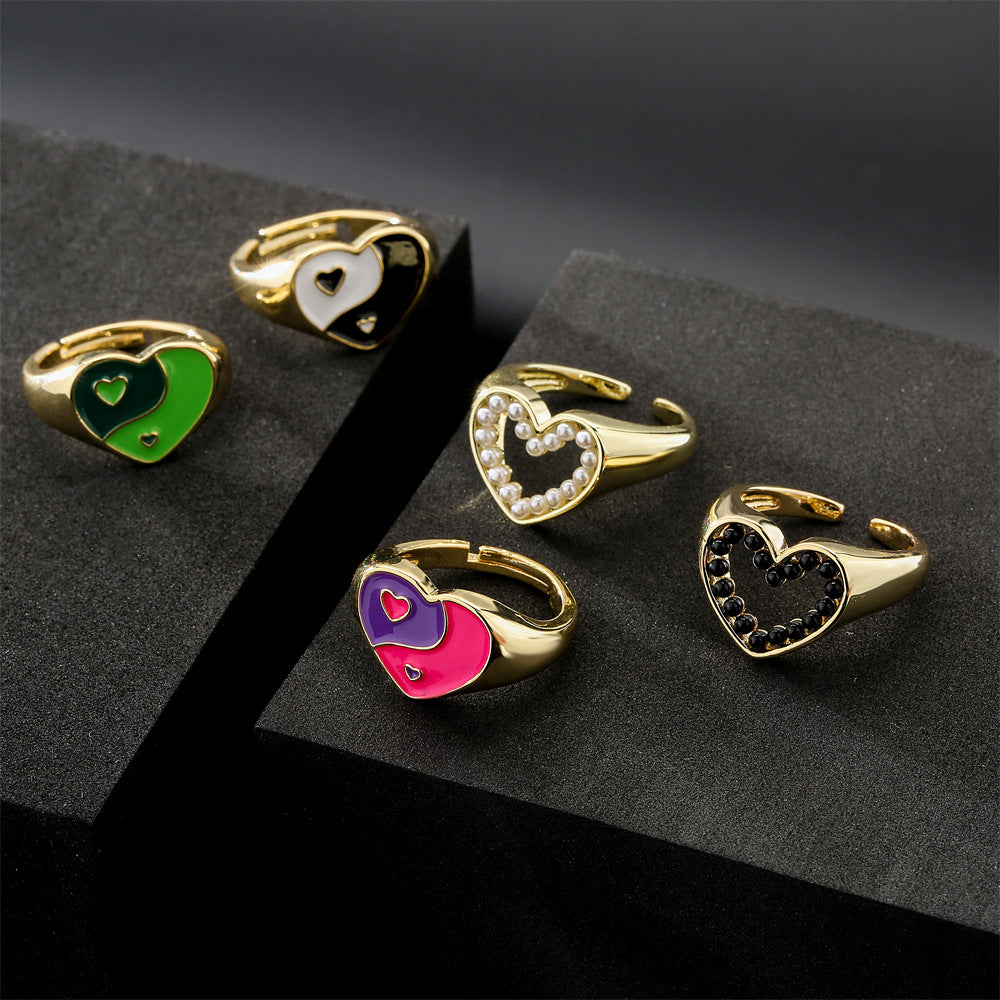 Gold Plated Brass Geometric Heart Ring with Micro-inlaid Pearl for Women