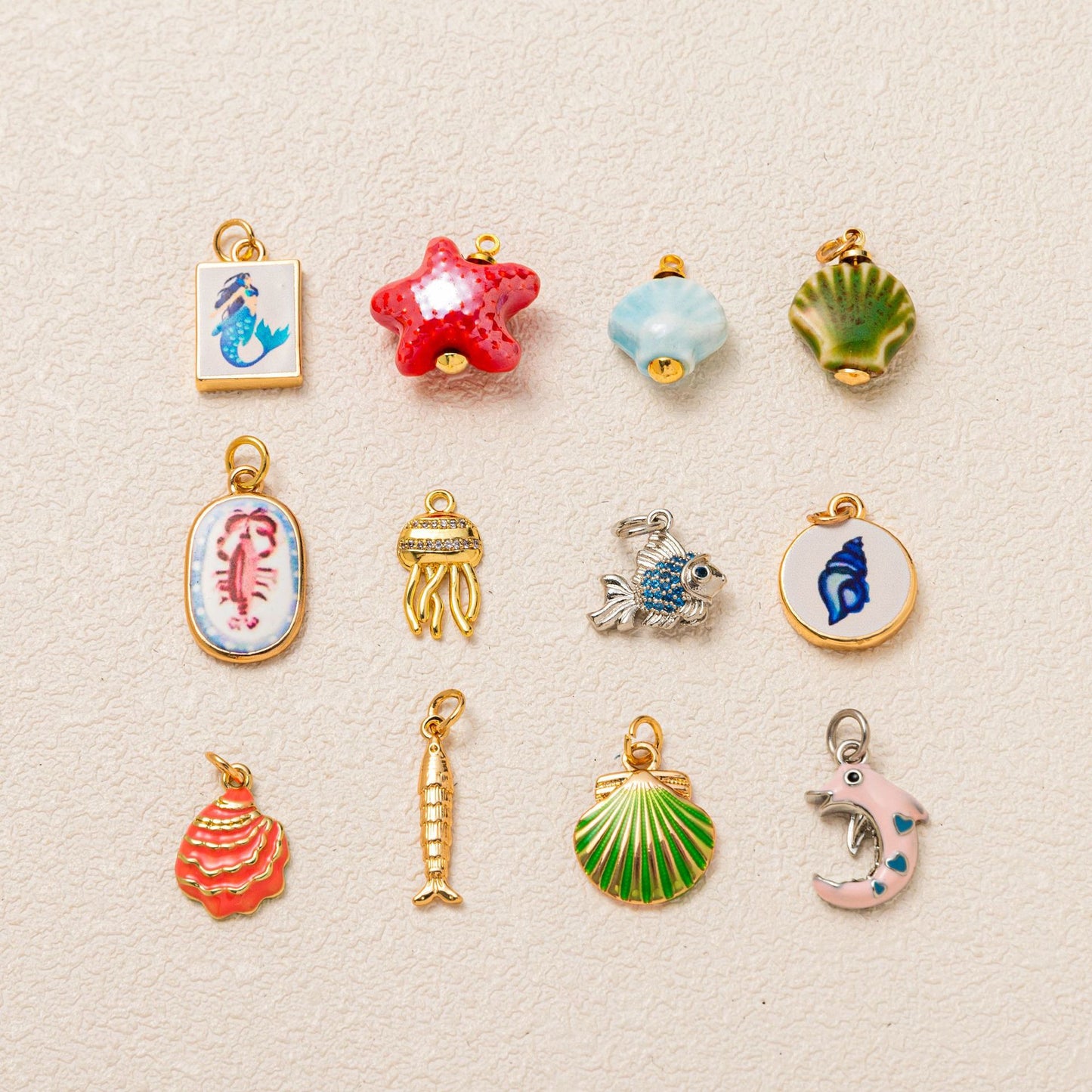 Sweet Geometric Animal Brass Plated Pendant Necklace with Mermaid Starfish Lobster Jellyfish Fish Charms