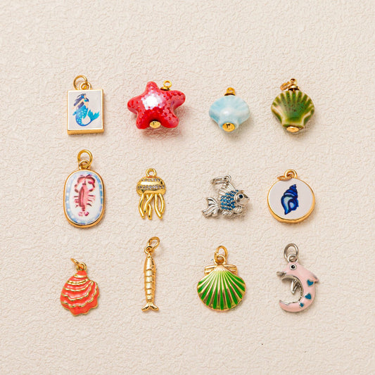 Sweet Geometric Animal Brass Plated Pendant Necklace with Mermaid Starfish Lobster Jellyfish Fish Charms