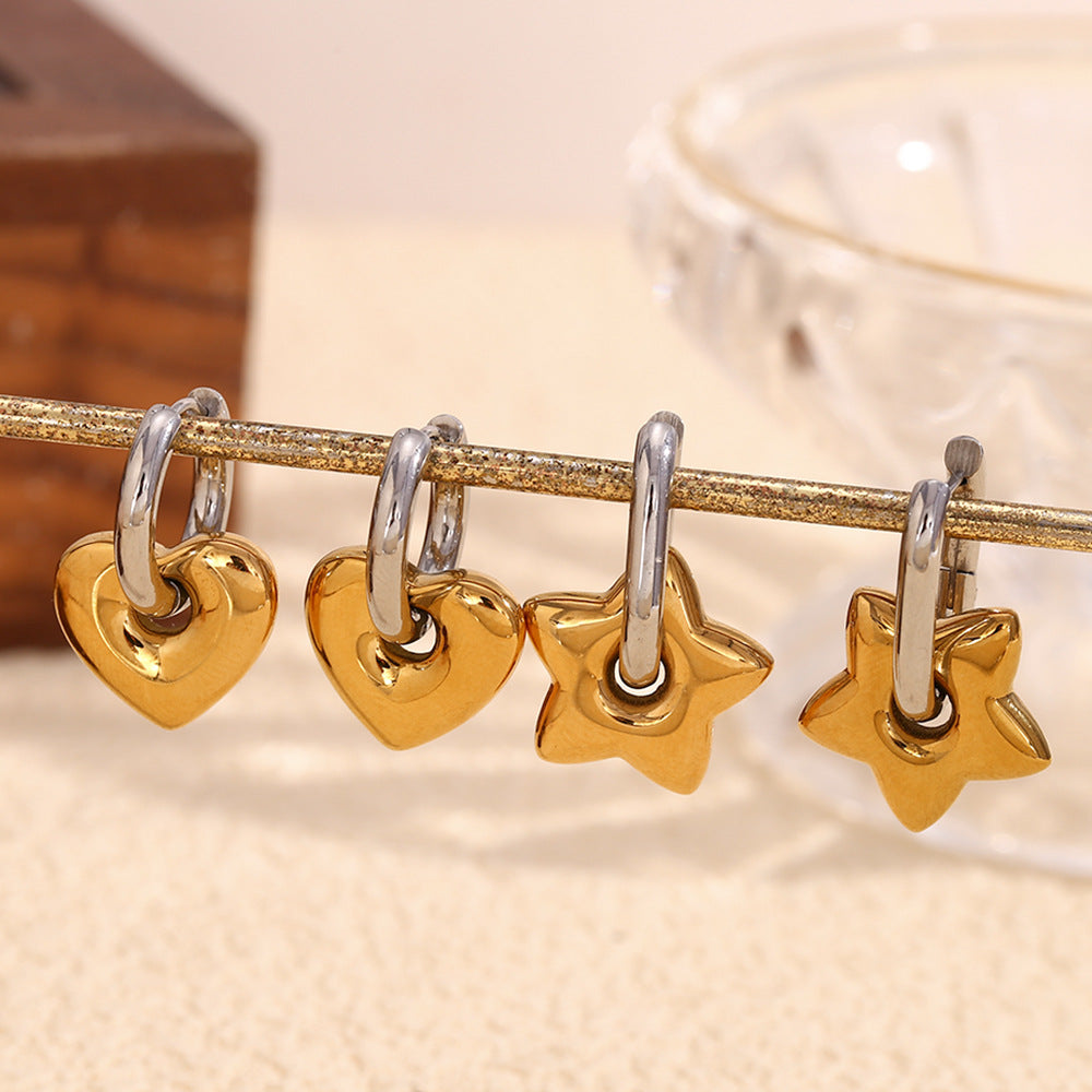 Fashionable Heart and Star Shaped Stainless Steel Earrings with 18K Gold Plating for Women