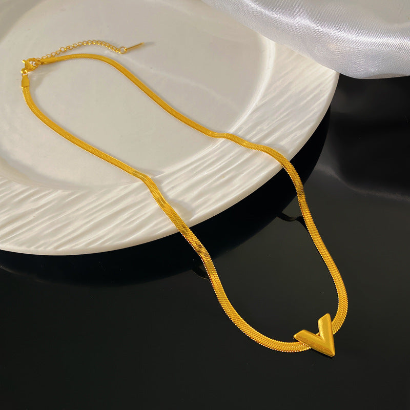 Minimalist Luxury Letter V Geometric Titanium Steel Plated Snake Chain Necklace