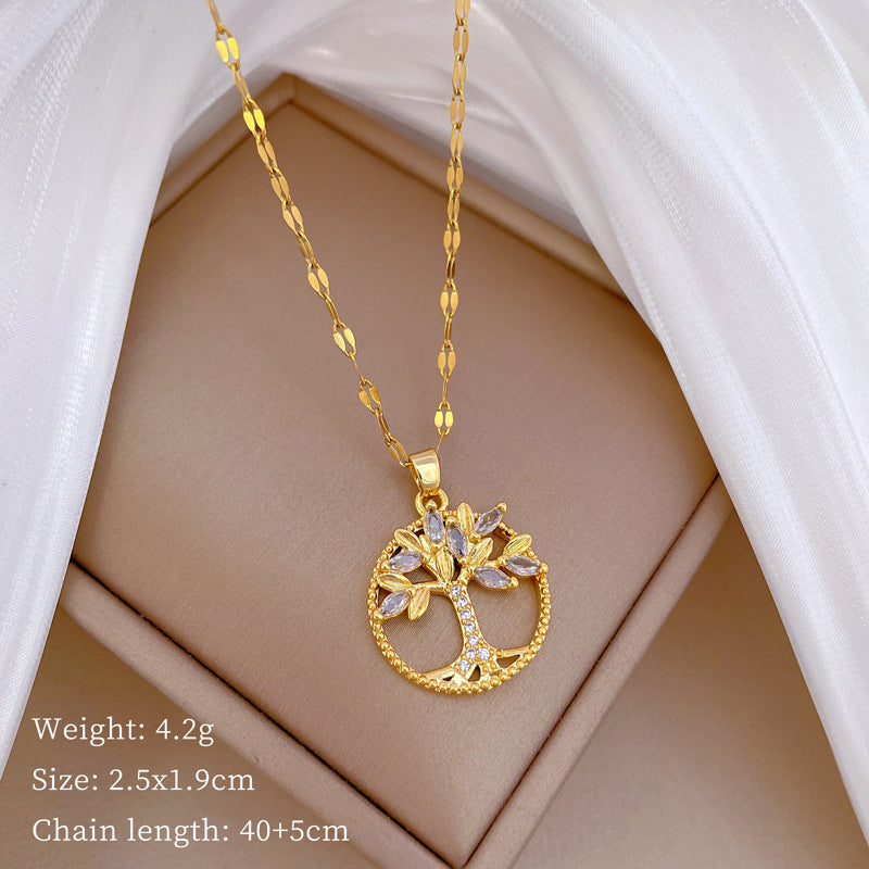 Collana con ciondolo Albero della Vita geometrico di lusso, fresca e dolce, in acciaio al titanio con strass