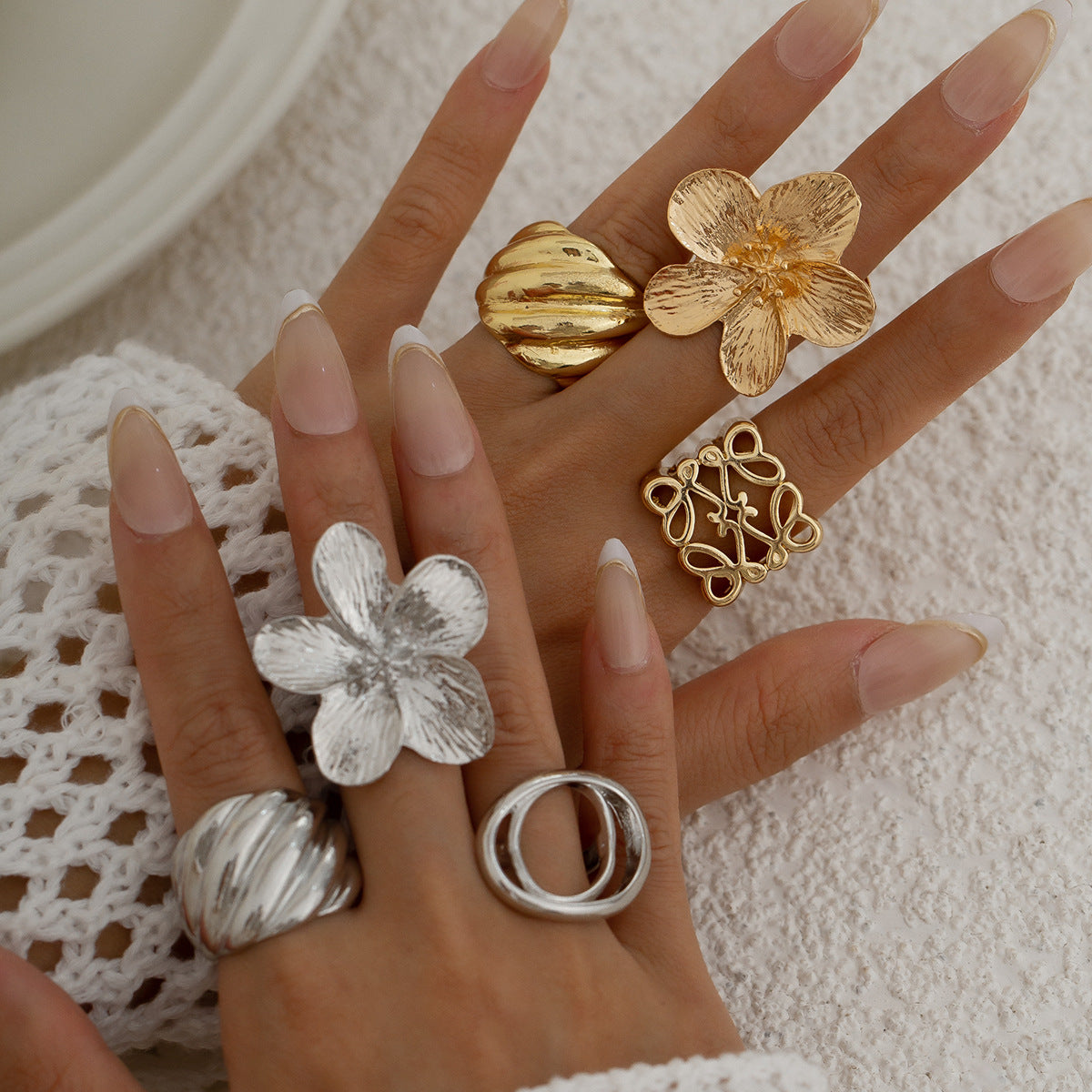 Minimalist Square Hollow Flower Zinc Alloy Plated Ring Set for Women