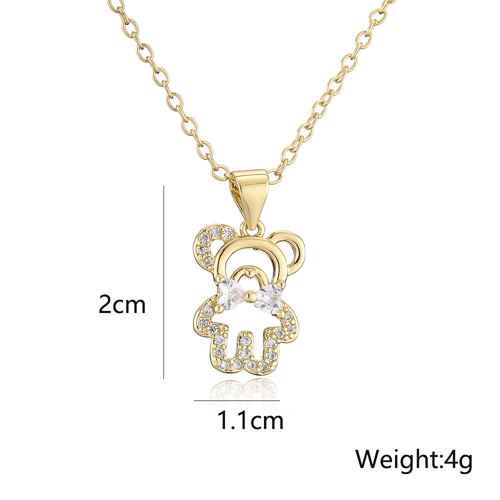 Minimalist Hollow Bear Pendant Necklace in Copper with 18K Gold Plating and Zircon Inlay