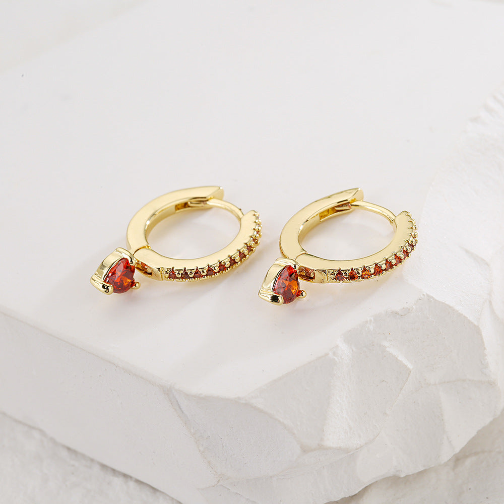 Geometric Heart-Shaped Copper Earrings with 18K Gold Plating and Zircon Inlay for Women
