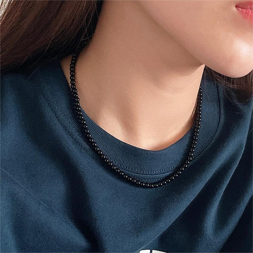 Minimalist Geometric Black Agate Pendant Necklace in 925 Sterling Silver with Rhodium Plating on Snake Chain