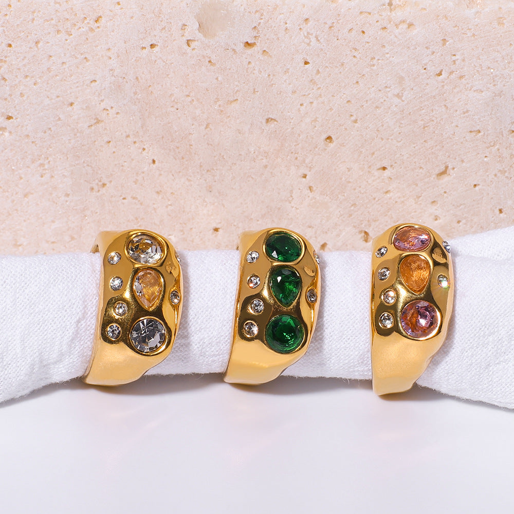 Anello aperto regolabile vintage in acciaio inossidabile con intarsio di strass colorati e placcatura in oro 18 carati, gioiello geometrico minimalista