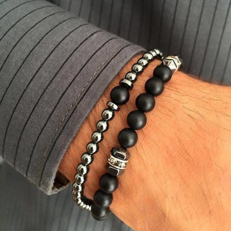 Men's Matte Black Lava Stone and Hematite Beaded Bracelet Set with Alloy Spacers