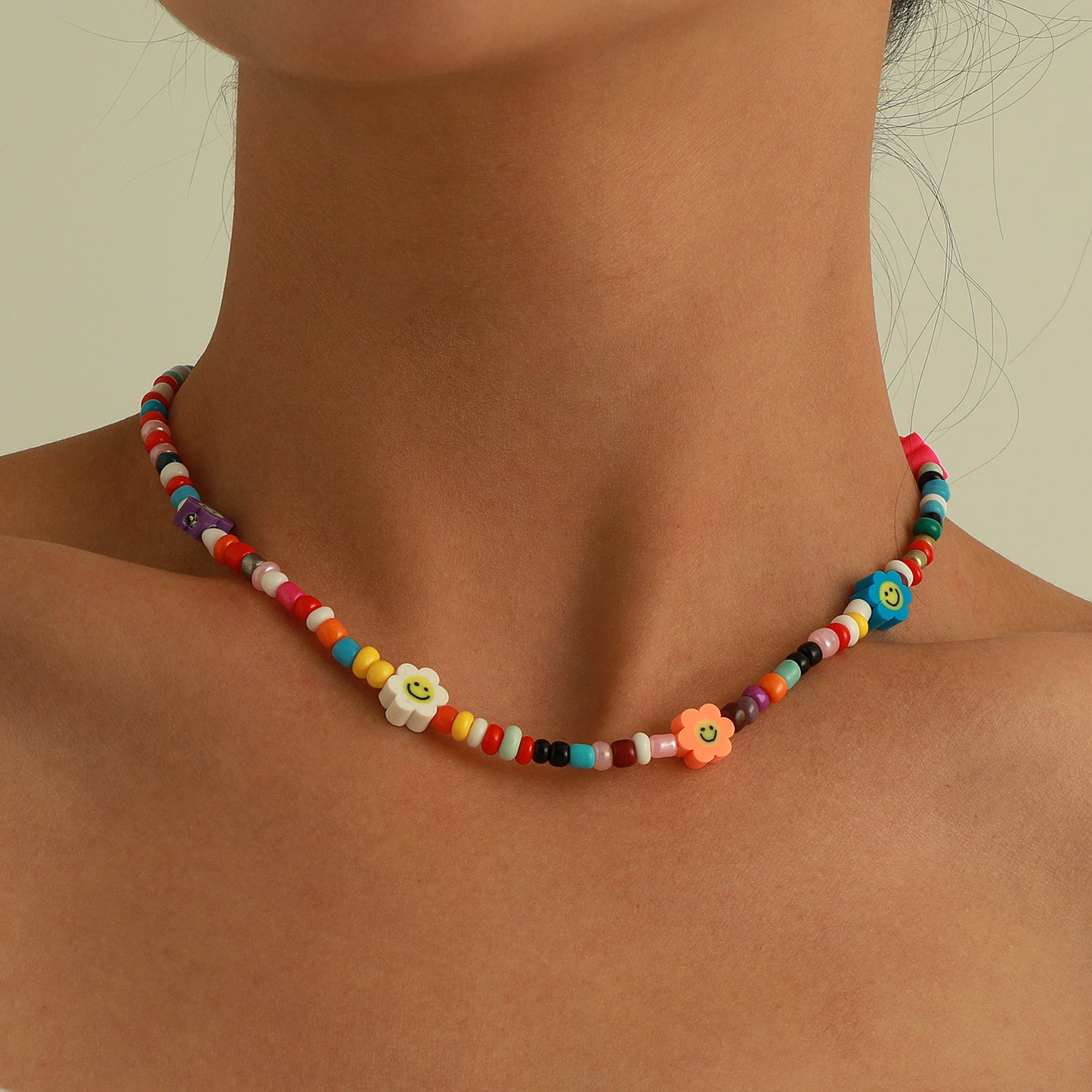 Casual Geometric Smiley Face Resin Seed Beads Necklace Set for Women