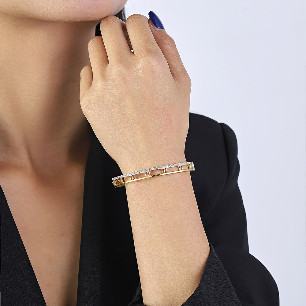 Minimalist Round Micro-inlay Rhinestone Titanium Steel Open Cuff Bracelet with Roman Text for Women
